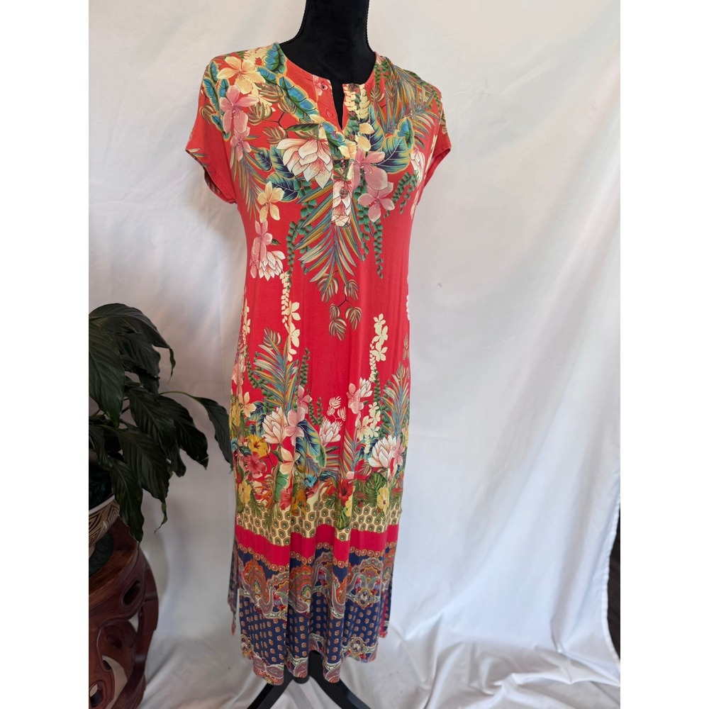 Johnny Was Los Angeles Red Floral Paisley Boho Jersey Maxi Dress XXS Henley Slit